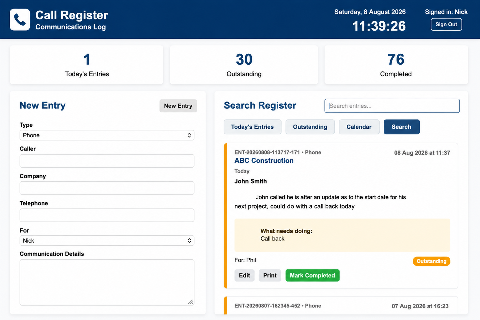 Call Register complete entry screen